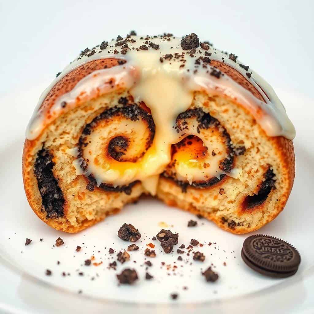 Oreo-stuffed cinnamon roll halves with white glaze, chocolate crumbles, and cookie garnish on white plate.