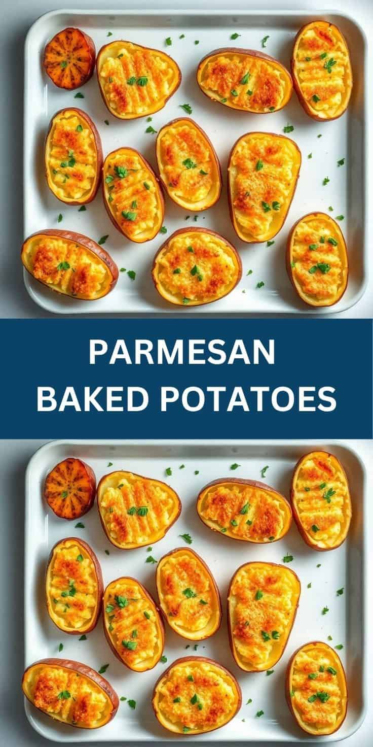 Parmesan baked potatoes halves with golden cheese crust and fresh parsley garnish on white baking sheet.