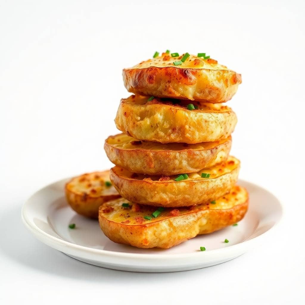 Stacked parmesan baked potatoes with golden-brown tops, chive garnish, on white plate.