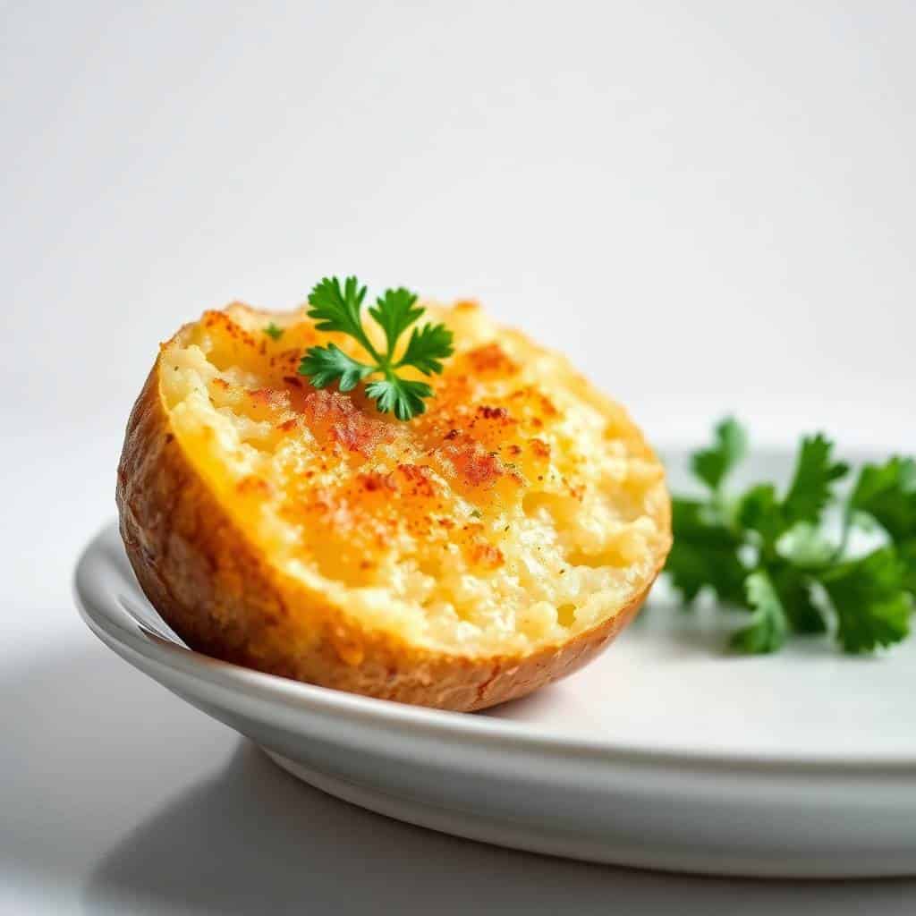 Parmesan baked potato half with golden-brown cheese crust, fresh parsley garnish on white plate.