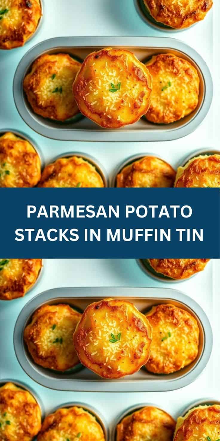 Golden-baked parmesan potato stacks in muffin tins, garnished with fresh parsley, displaying crispy cheese tops.
