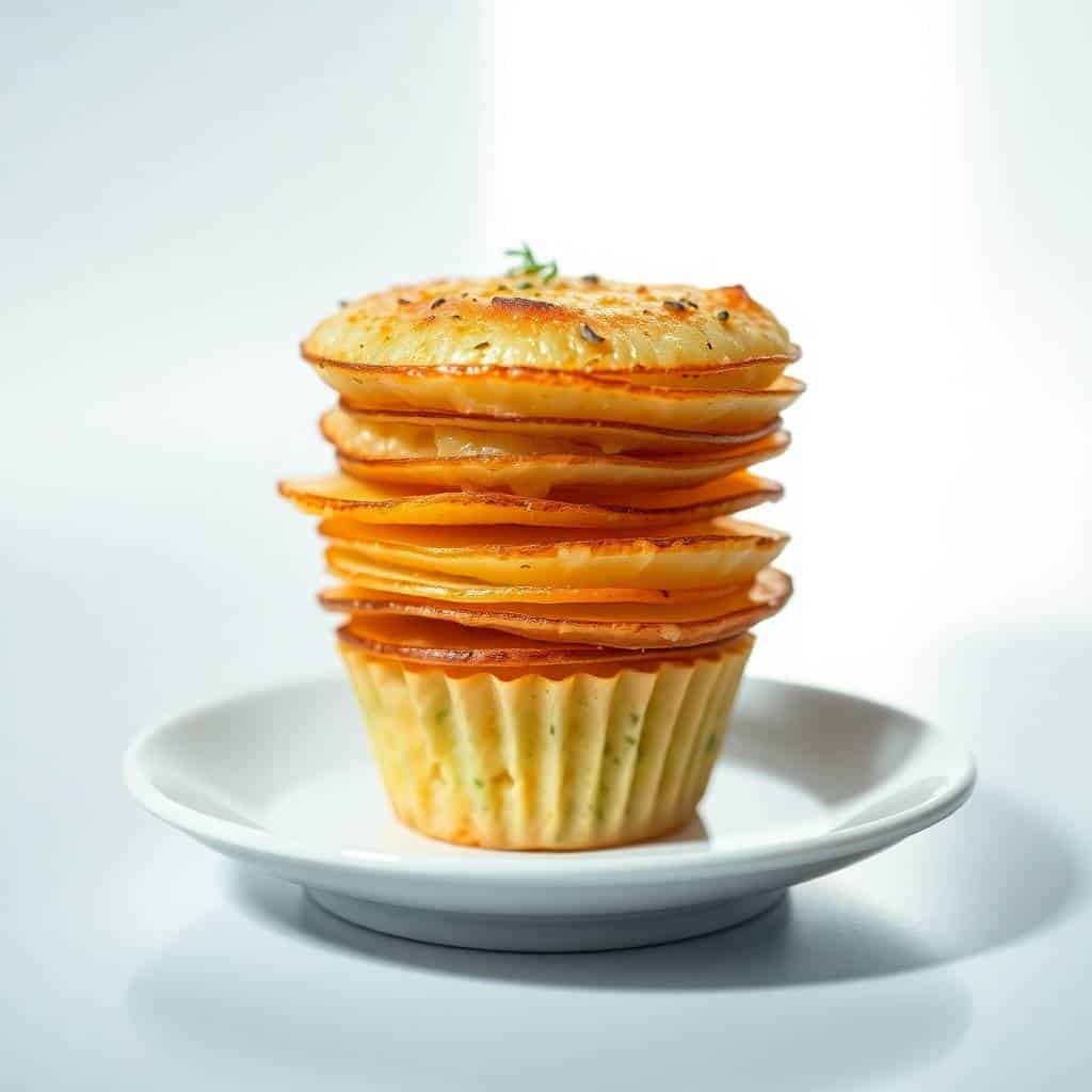 Parmesan potato stack cupcake on white plate with rosemary garnish and golden-brown cheese crust.