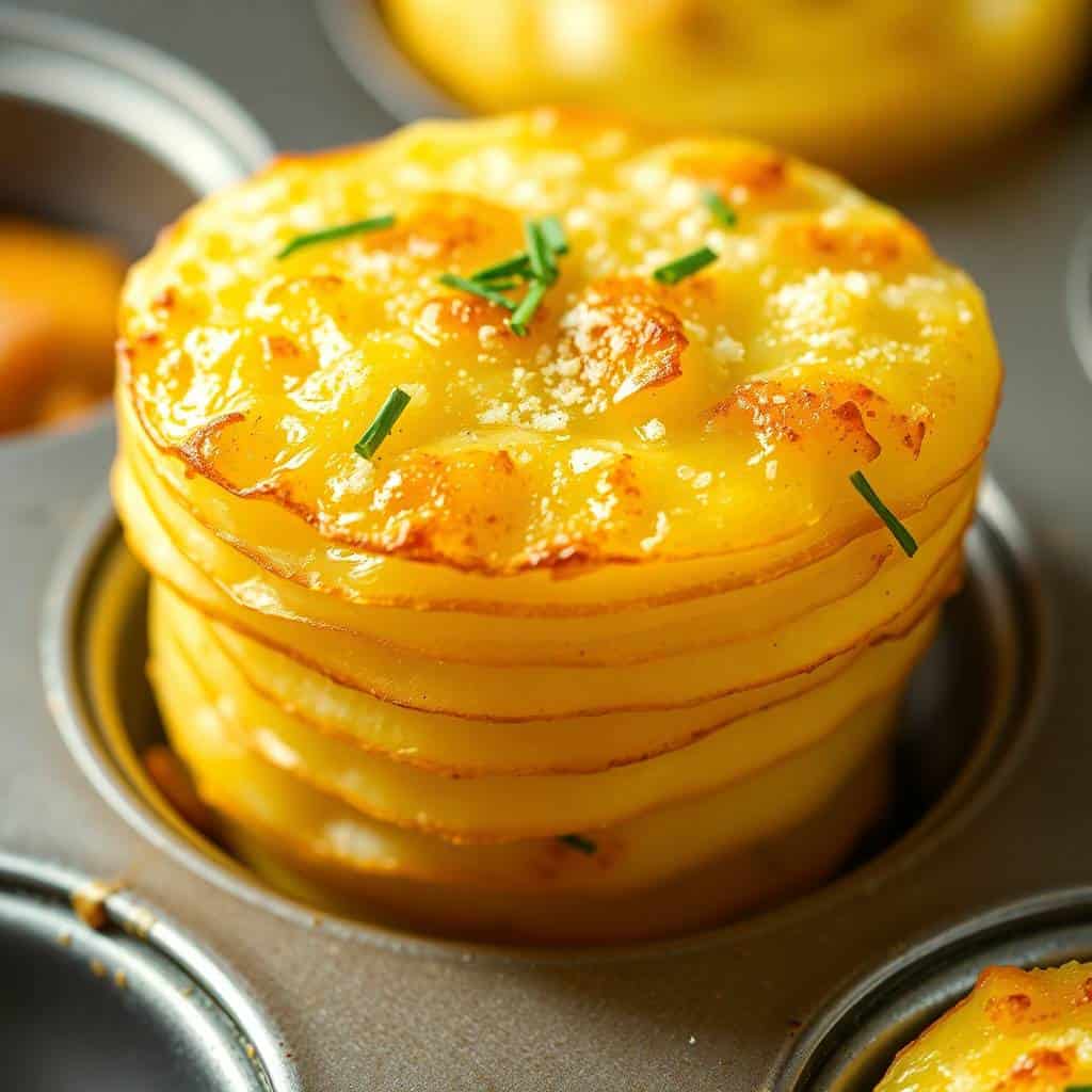 Stacked golden Parmesan potato rounds garnished with chives in a muffin tin, crispy and caramelized.