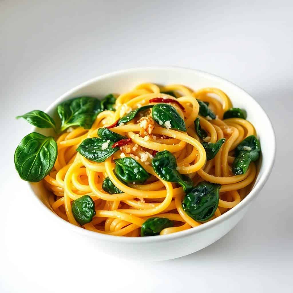 Golden pasta with fresh spinach, red pepper flakes, and sesame seeds in a white bowl.