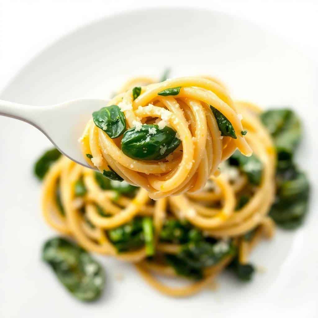 Spaghetti with spinach garnished with basil on white plate, twirled on fork.