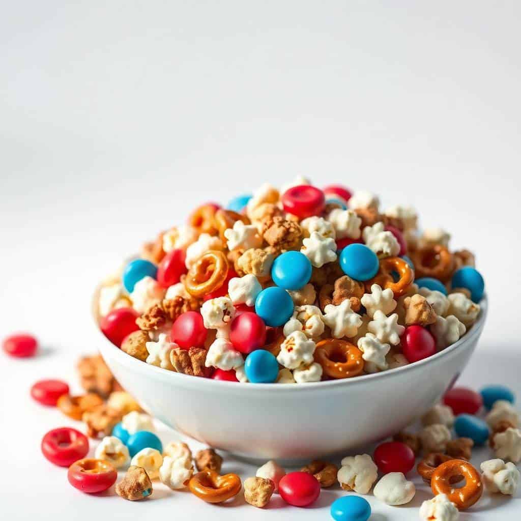 Patriotic snack mix with popcorn, pretzels, and red, white, and blue candies in white bowl.
