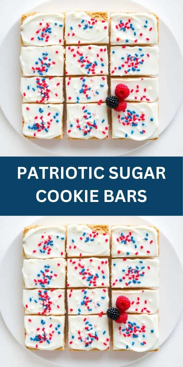 Patriotic sugar cookie bars with white frosting and red and blue sprinkles, garnished with fresh berries on white plate.