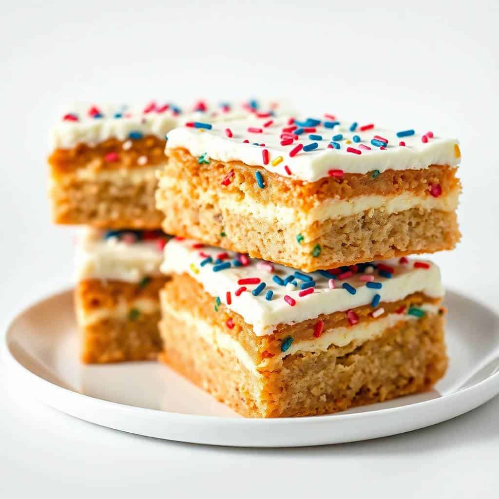 Patriotic sugar cookie bars stacked on white plate with white frosting and red, white, and blue sprinkles.