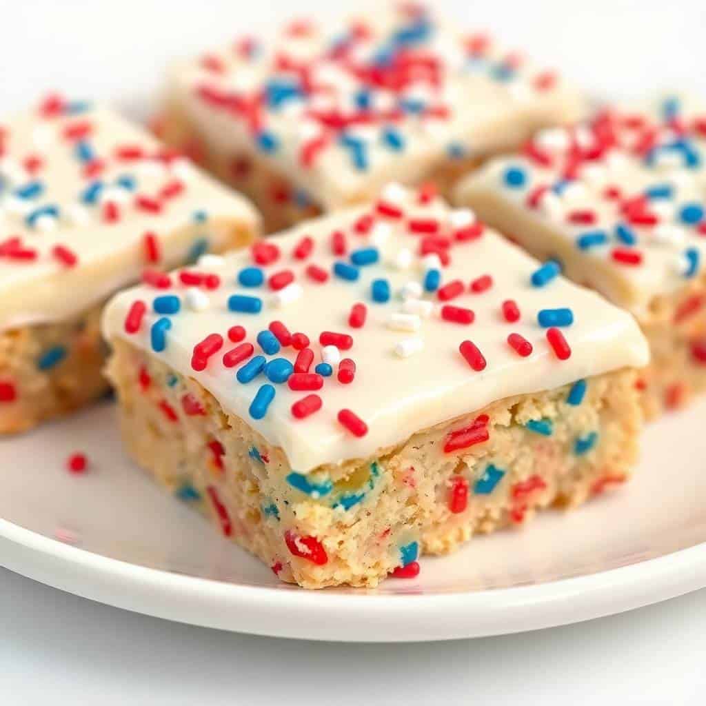 Patriotic sugar cookie bars with white frosting and red and blue sprinkles on a white plate.