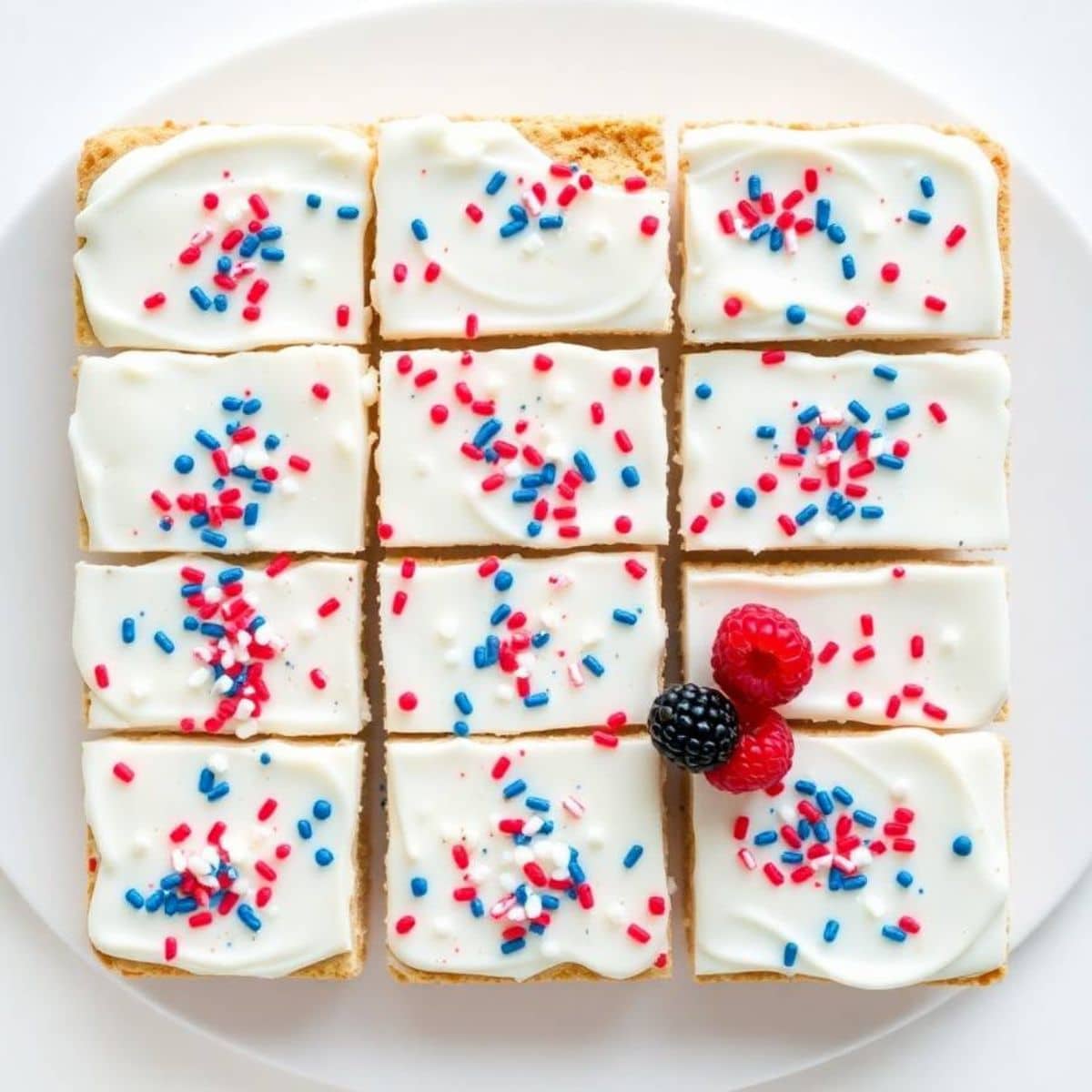 Patriotic sugar cookie bars with white frosting, red and blue sprinkles, garnished with fresh raspberries and blackberry.