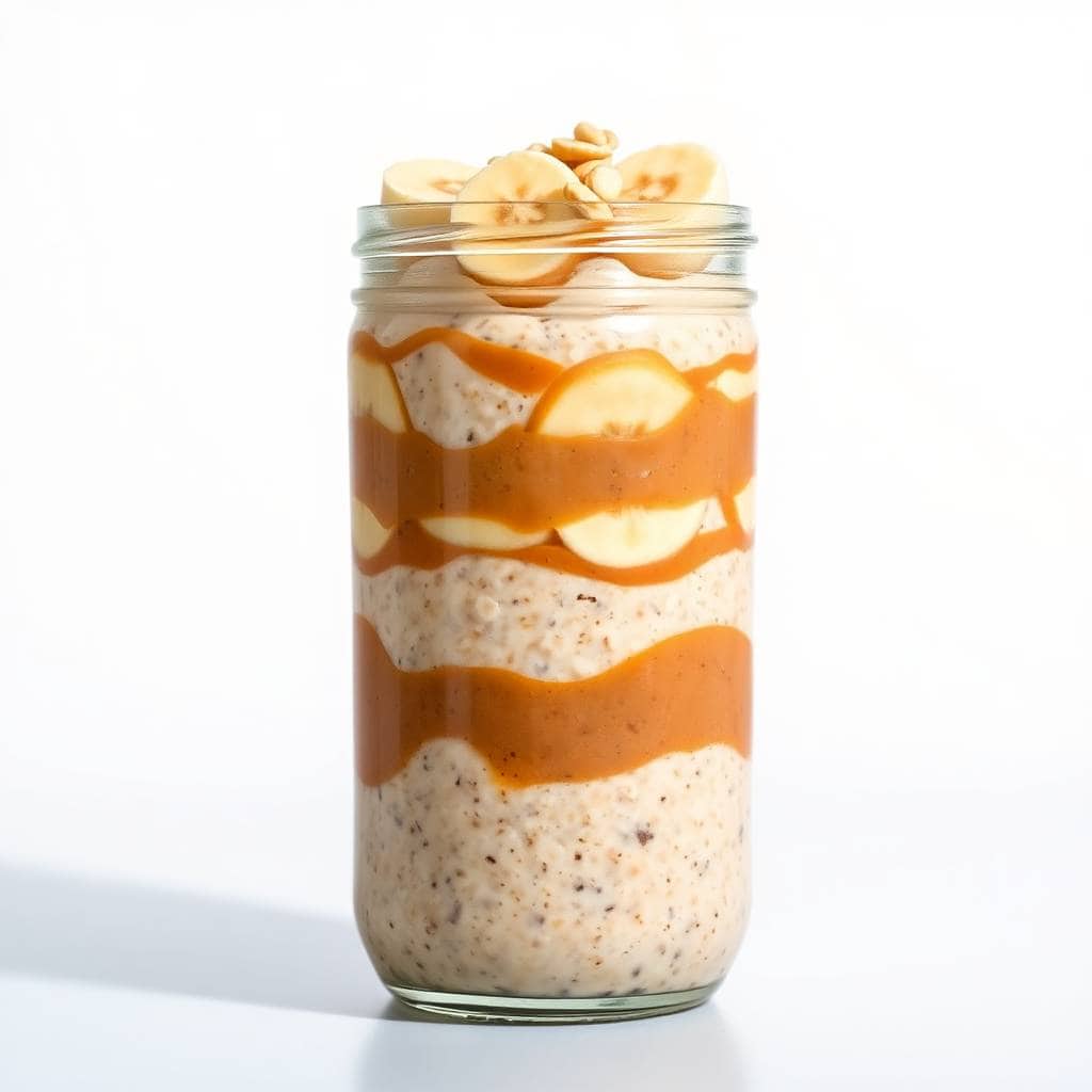 Layered peanut butter banana overnight oats in a glass jar topped with sliced banana and crushed peanuts.