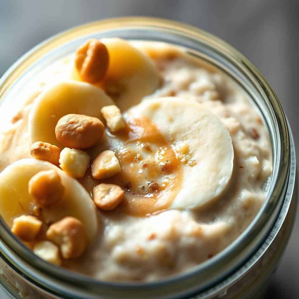 Peanut butter banana overnight oats in a glass jar, topped with sliced banana and chopped peanuts.