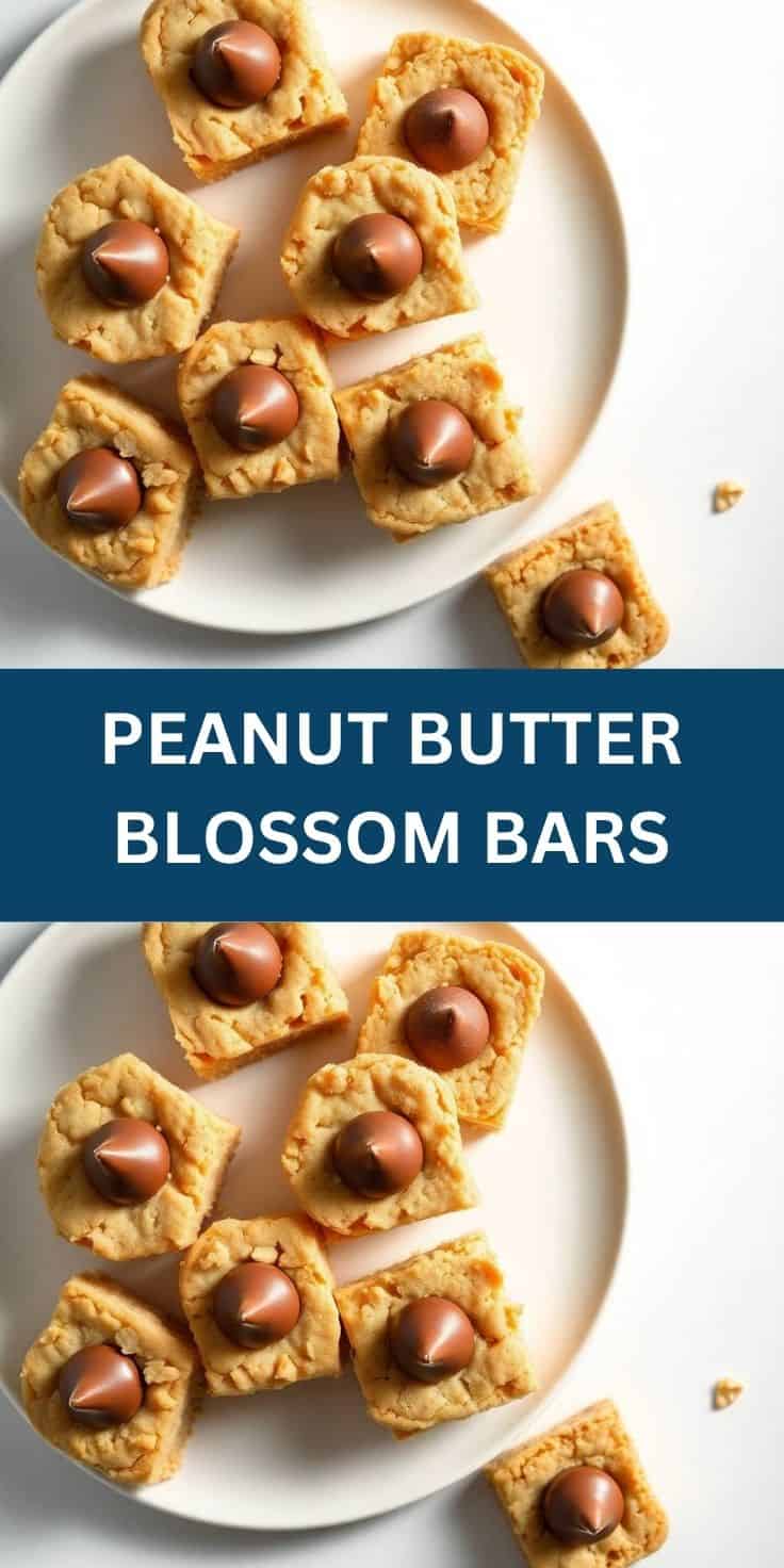 Peanut butter blossom bars with chocolate kiss candies on white plate.