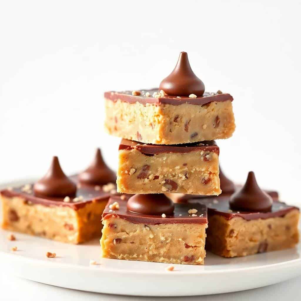 Peanut butter blossom bars stacked and arranged on white plate with chocolate ganache and candy garnish.