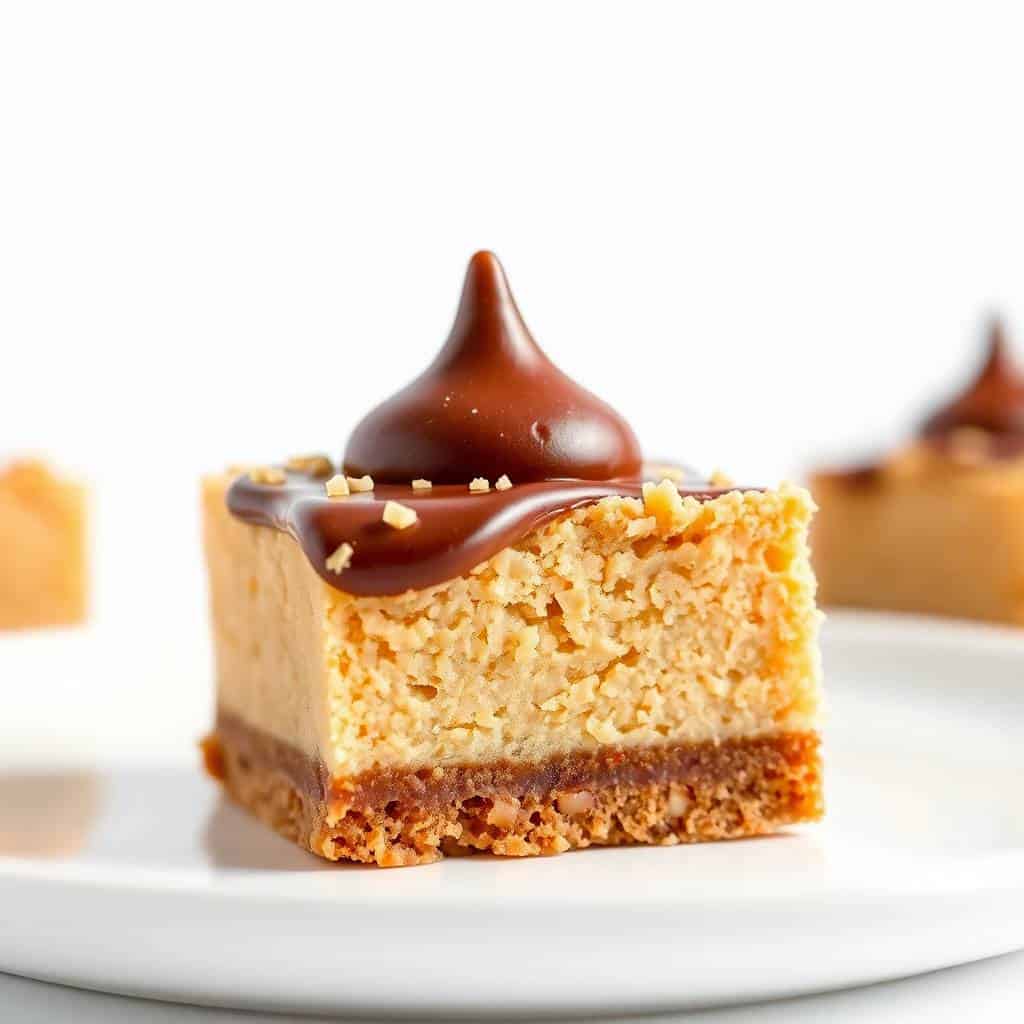 Peanut butter blossom bars with chocolate ganache topping and gold sprinkles on white plate.