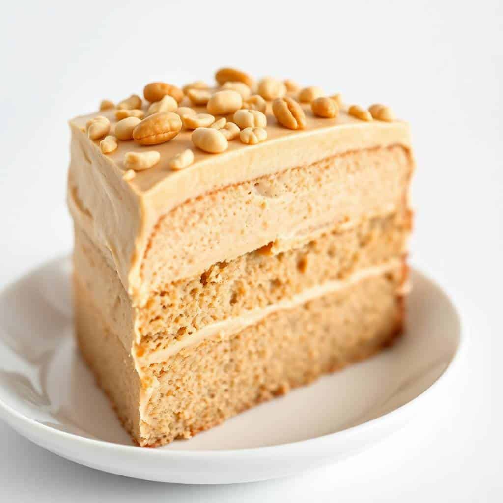 Slice of layered peanut butter cake with peanut butter frosting and roasted peanut garnish on white plate.