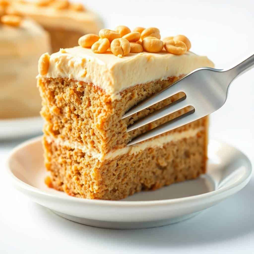Slice of layered peanut butter cake with creamy frosting and roasted peanut garnish on white plate.