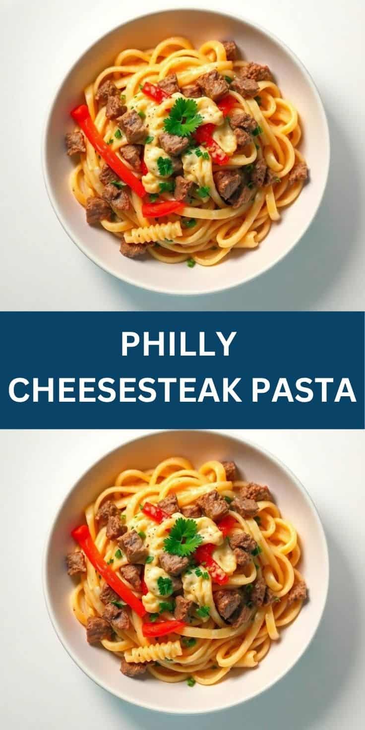 Two bowls of Philly cheesesteak pasta with ground beef, red peppers, melted cheese, and cilantro garnish on white plates.