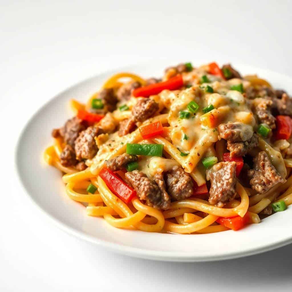Philly Cheesesteak Pasta with sliced beef, melted cheese, bell peppers, and green onions on white plate.