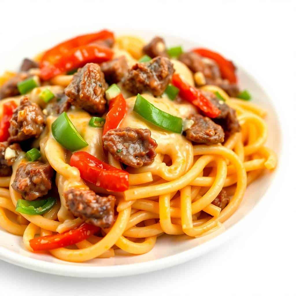 Philly cheesesteak pasta with ground beef, peppers, onions, and melted cheese on noodles.