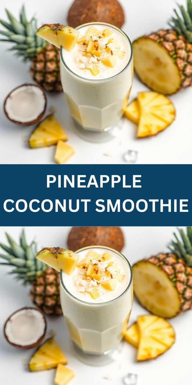 Pineapple coconut smoothie in tall glass, topped with whipped cream and pineapple chunks, surrounded by fresh fruit.