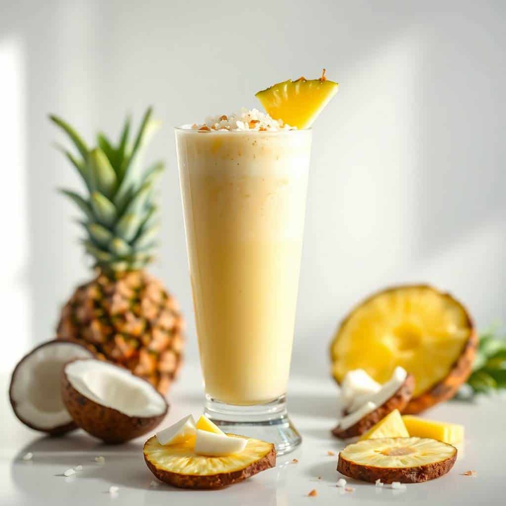 Pineapple coconut smoothie in tall glass, garnished with pineapple wedge and coconut flakes, surrounded by fresh fruit.