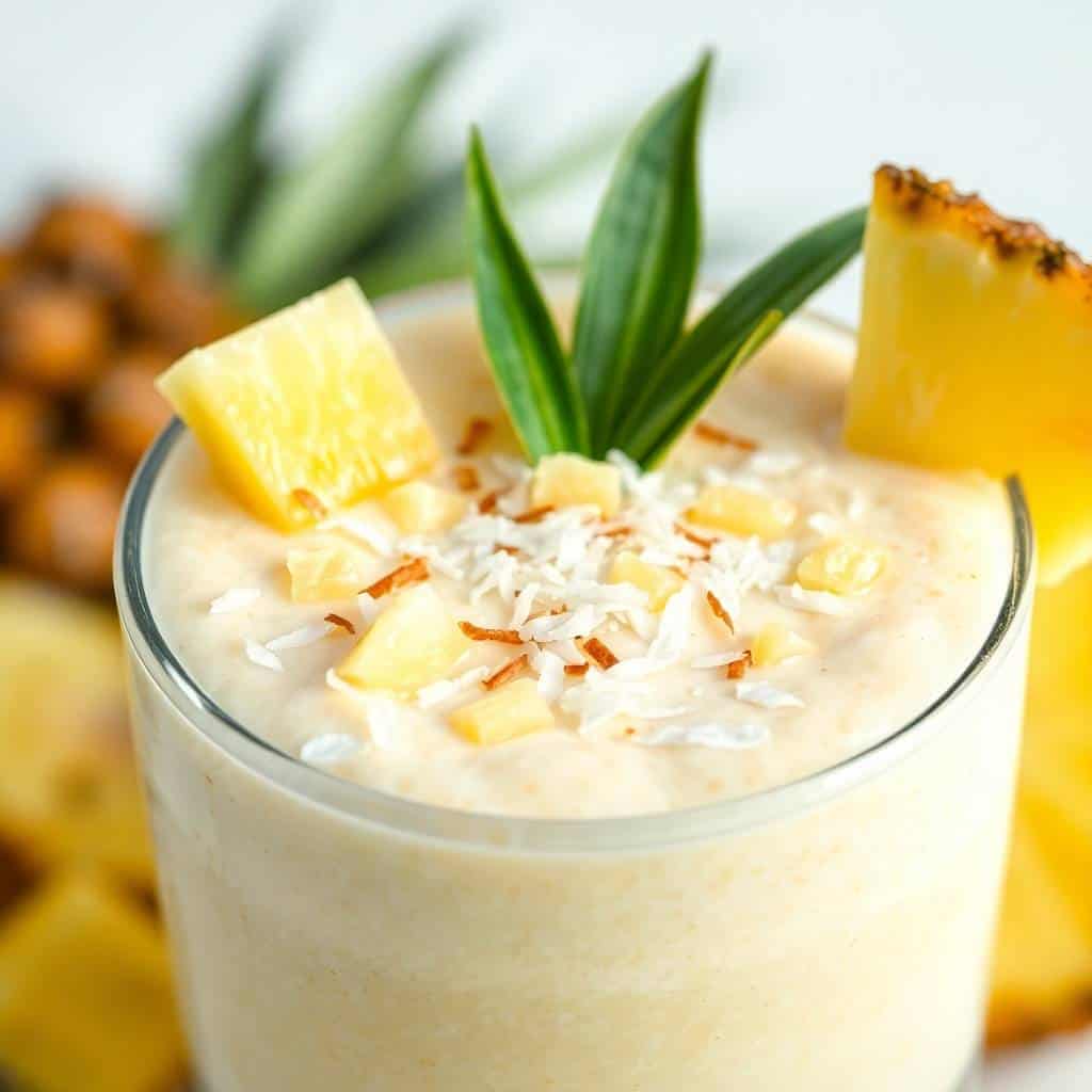 Creamy pineapple coconut smoothie garnished with fresh pineapple, toasted coconut, and green leaves in a glass.