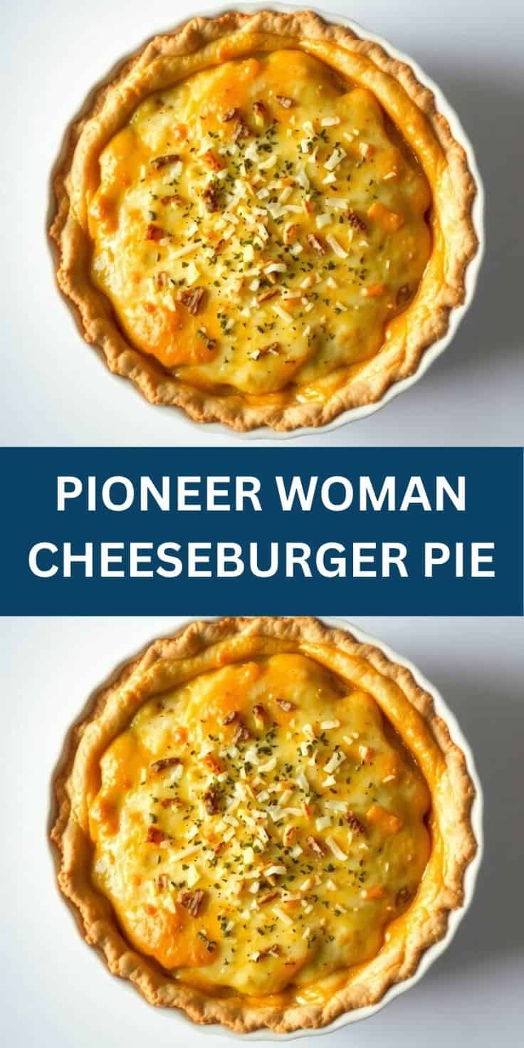 Pioneer Woman Cheeseburger Pie with golden crust, melted cheese filling, and seasoned topping in pie dish.