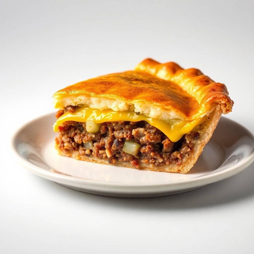 Golden-brown cheeseburger pie with melted cheese and ground beef filling on white plate.