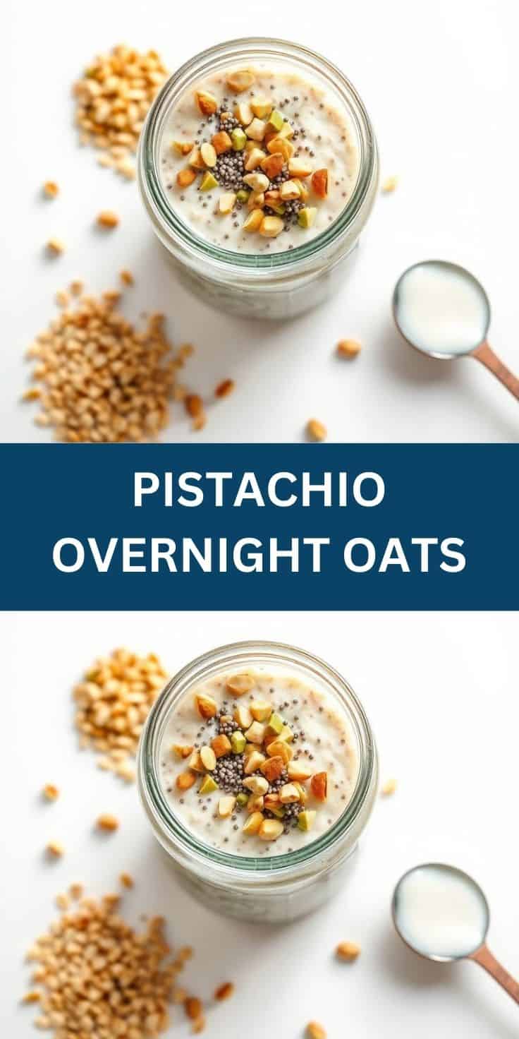 Pistachio overnight oats in glass jar topped with nuts and seeds, surrounded by scattered ingredients.