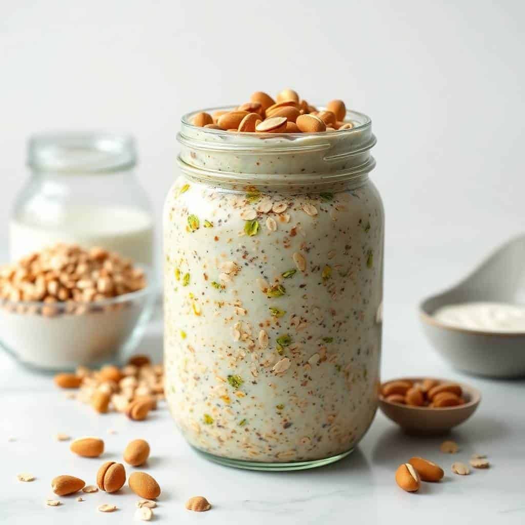 Pistachio overnight oats in glass jar topped with peanuts, surrounded by ingredients.