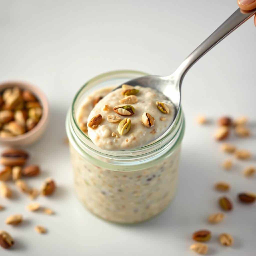 Pistachio overnight oats in a glass jar topped with pistachios, served with a spoon.