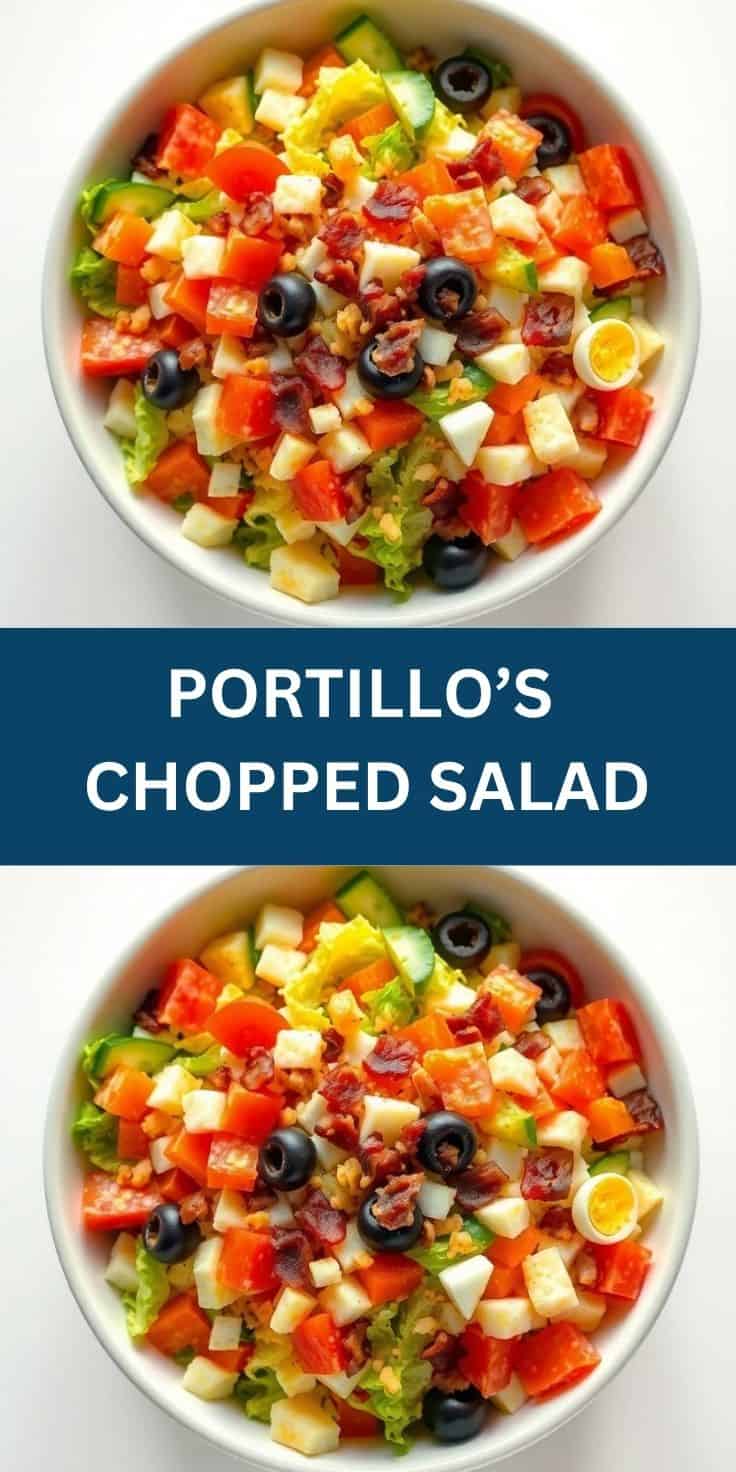 Portillo's Chopped Salad in white bowls with lettuce, tomatoes, cheese, bacon, and black olives.