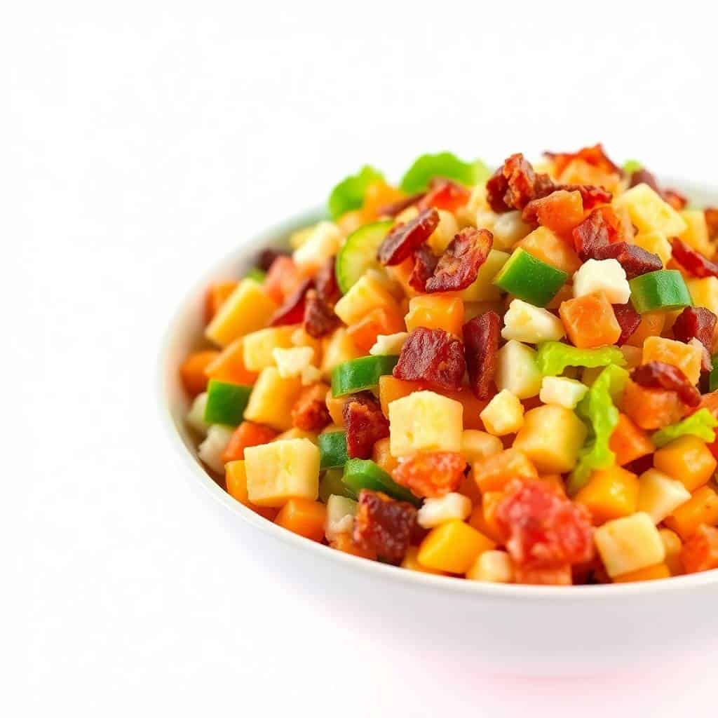Portillo's chopped salad in white bowl with diced vegetables, bacon, and cheese pieces.
