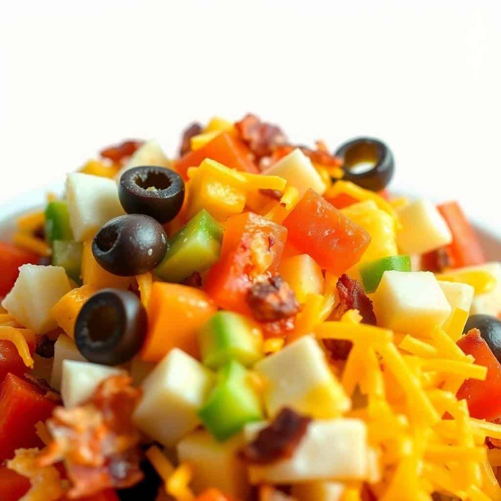 Portillo's chopped salad with diced peppers, olives, cheese, and vegetables on white plate.