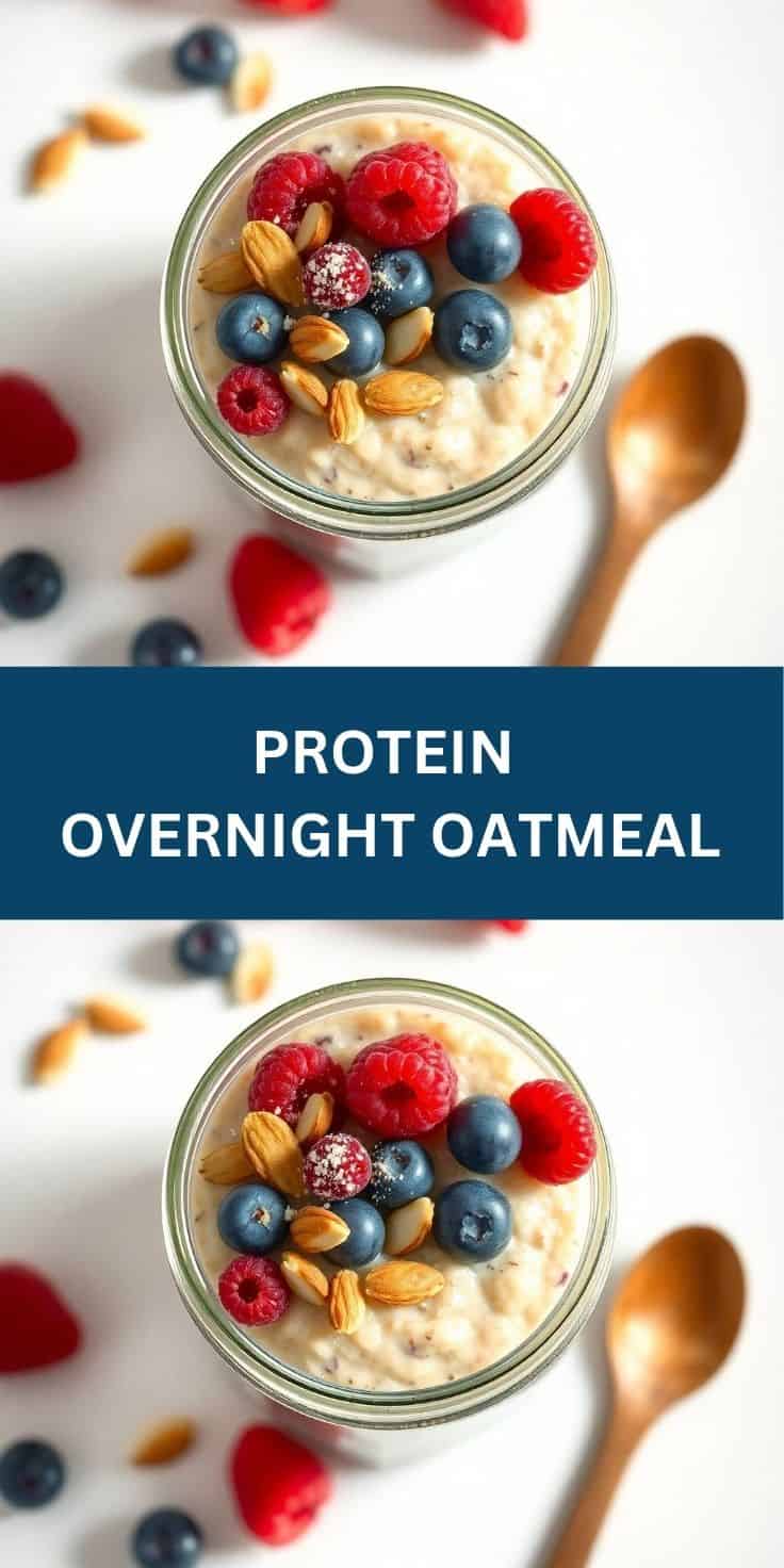 Protein overnight oatmeal in glass jar topped with raspberries, blueberries, and almonds.