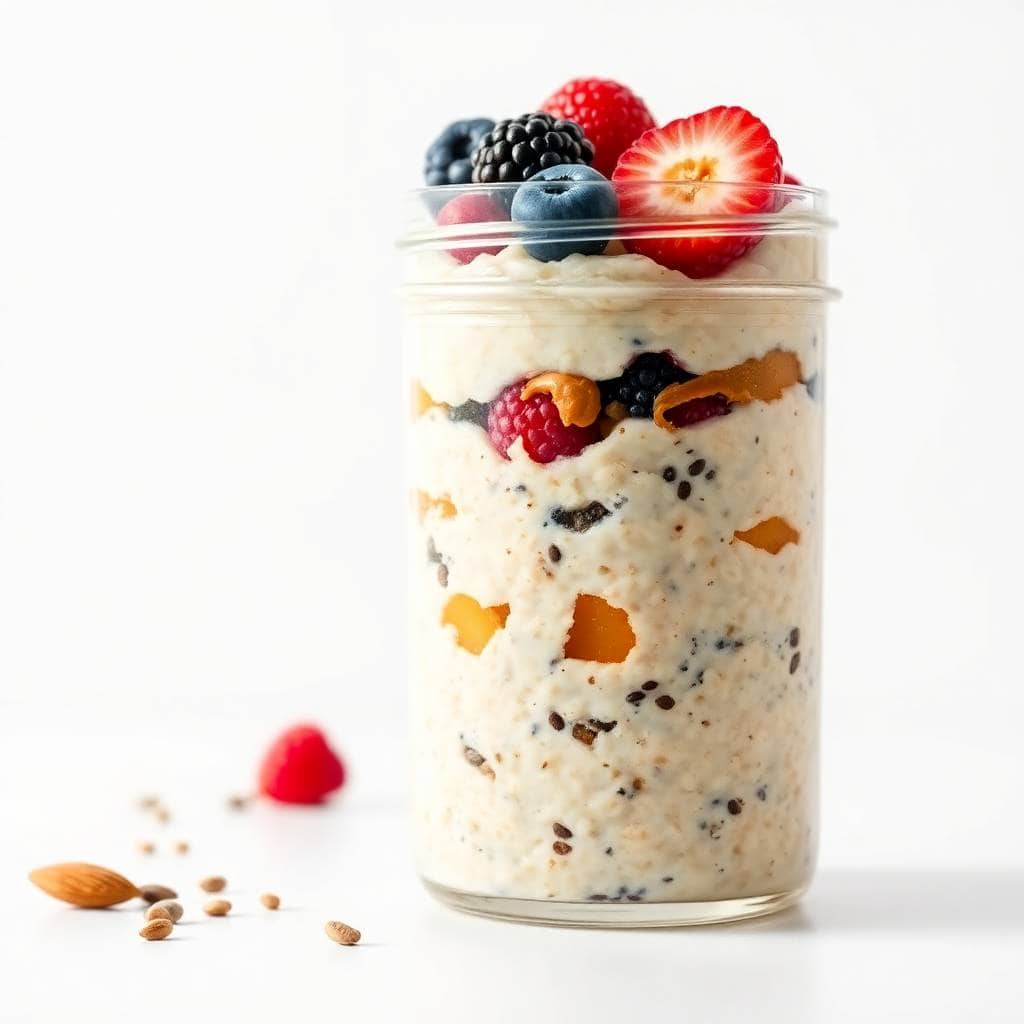 Protein overnight oatmeal in glass jar topped with fresh berries, nuts, and granola pieces.