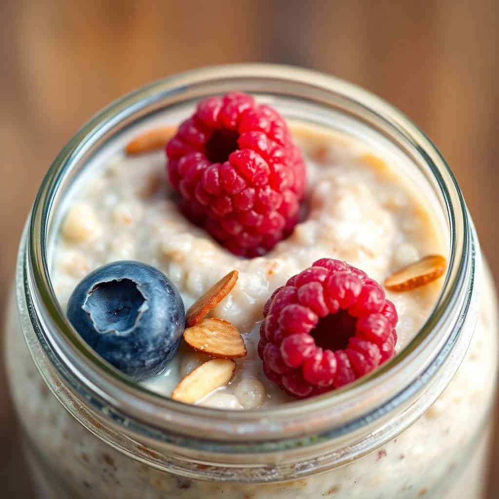 Protein overnight oatmeal in glass jar topped with raspberries, blueberry, and sliced almonds.
