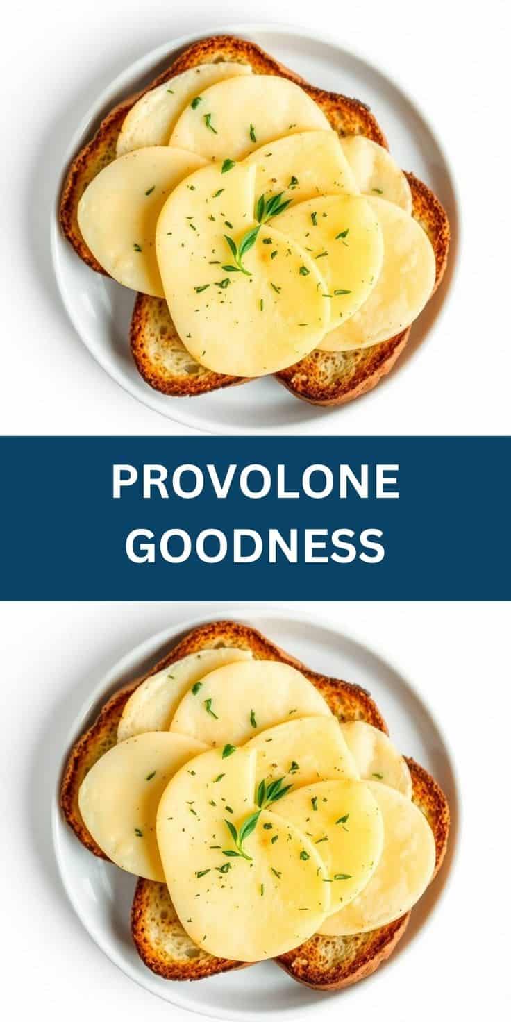 Toasted bread slices topped with sliced provolone cheese, fresh herbs, and cracked pepper on white plate.