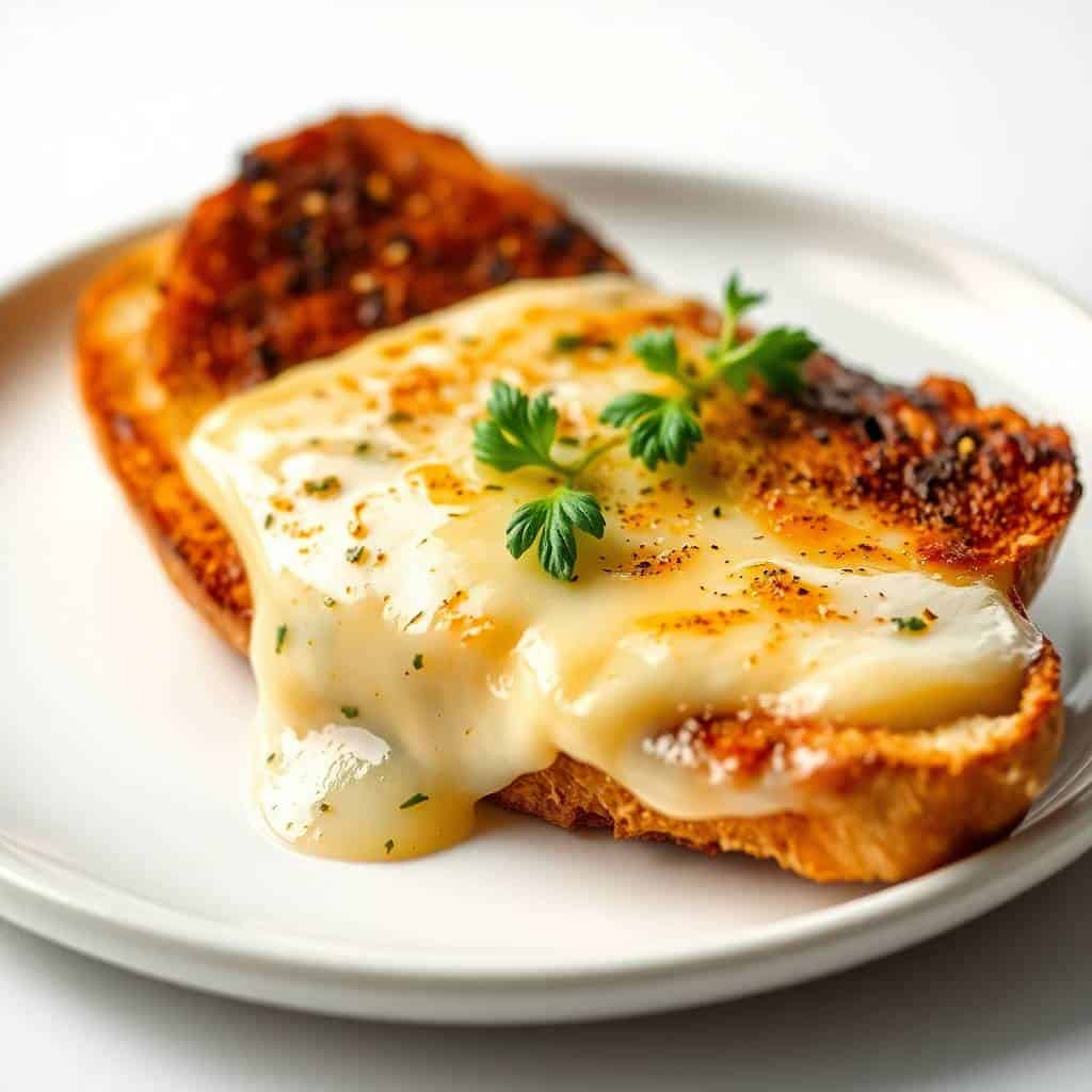 Melted provolone cheese on toasted bread slices garnished with fresh parsley on white plate.