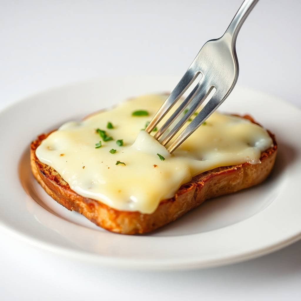 Melted provolone cheese on toasted bread with chives garnish on white plate.