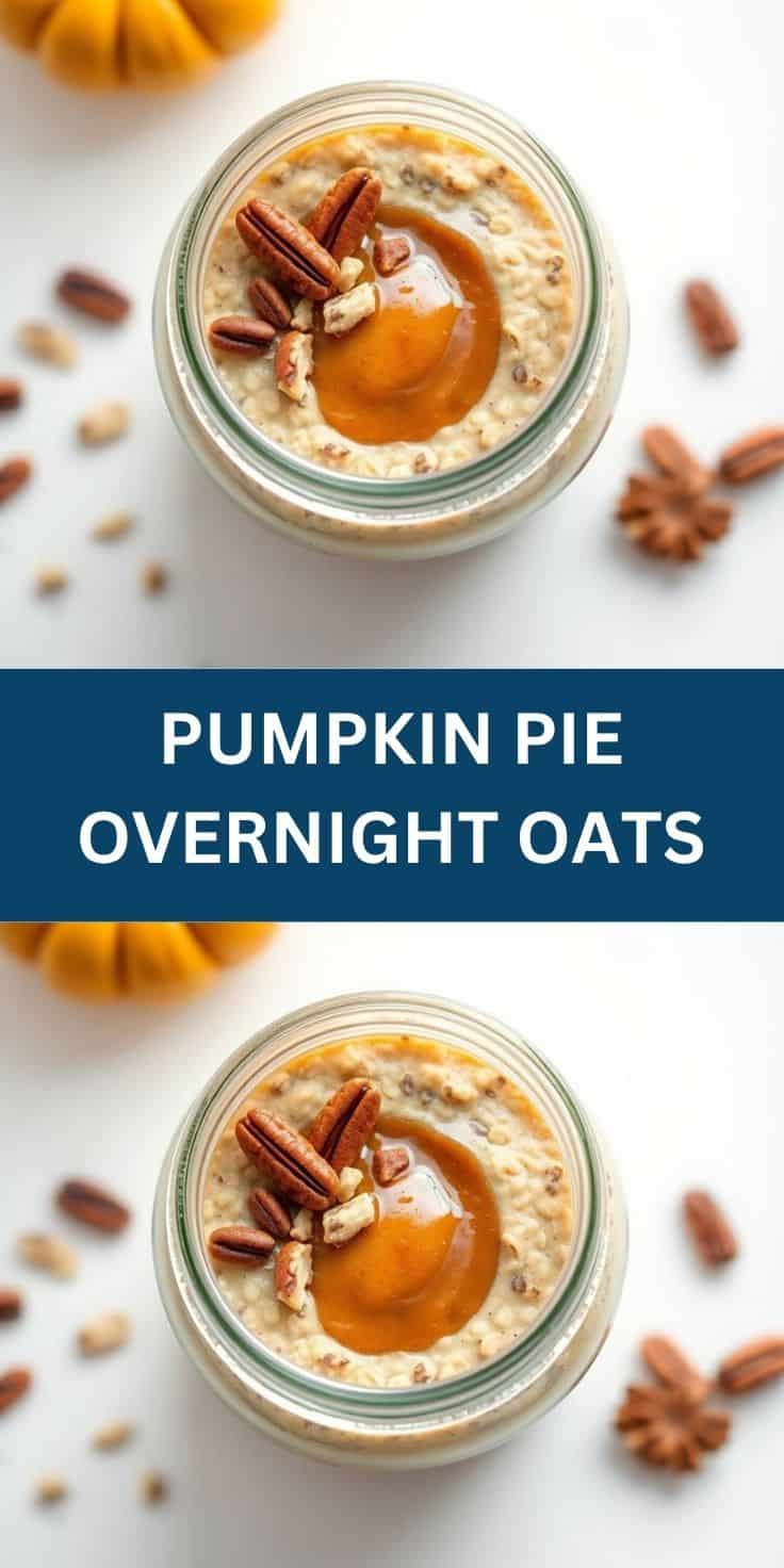 Pumpkin pie overnight oats in glass jar topped with pecans, caramel, and chopped nuts.