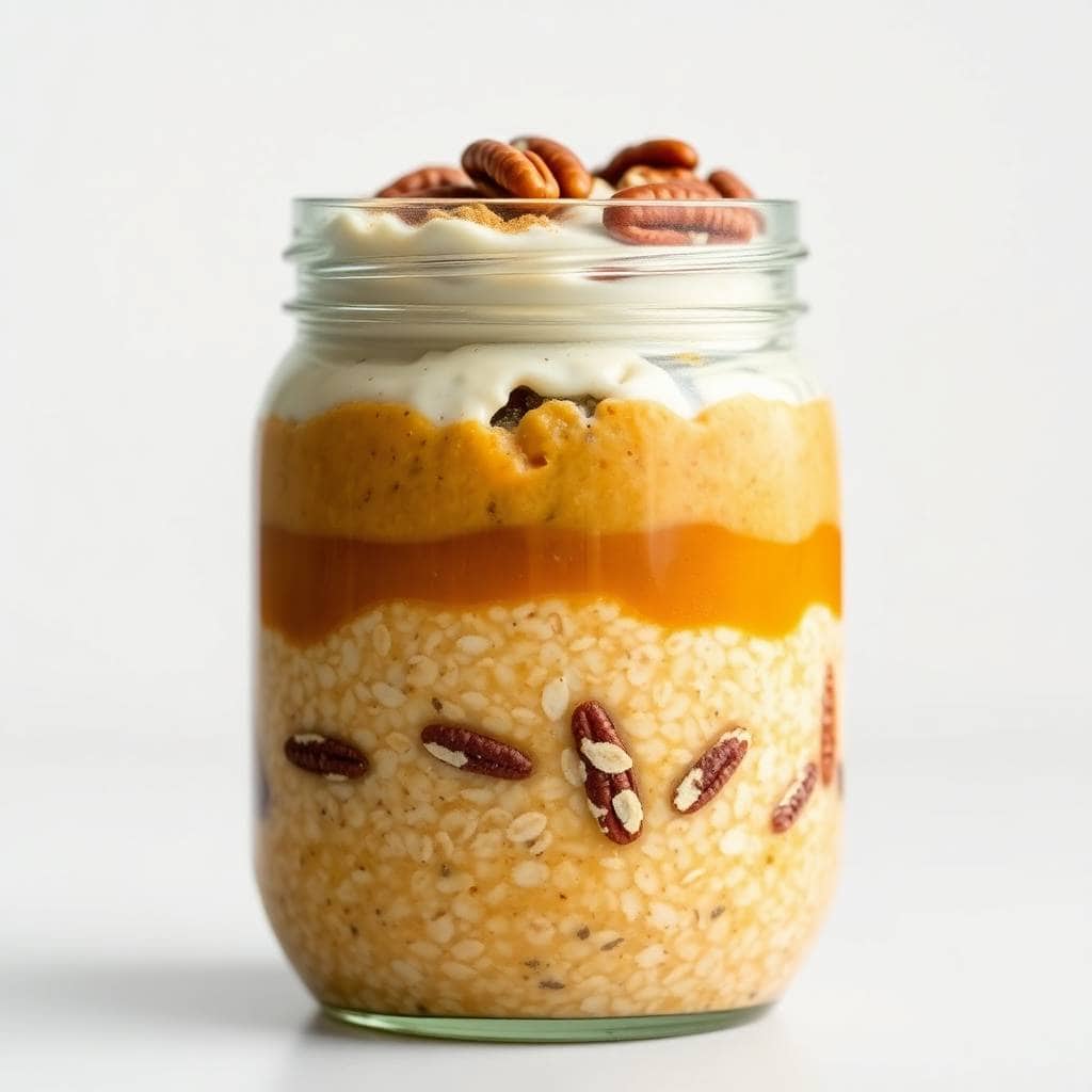 Pumpkin pie overnight oats in a glass jar with layered oats, pumpkin puree, yogurt, and pecans on top.