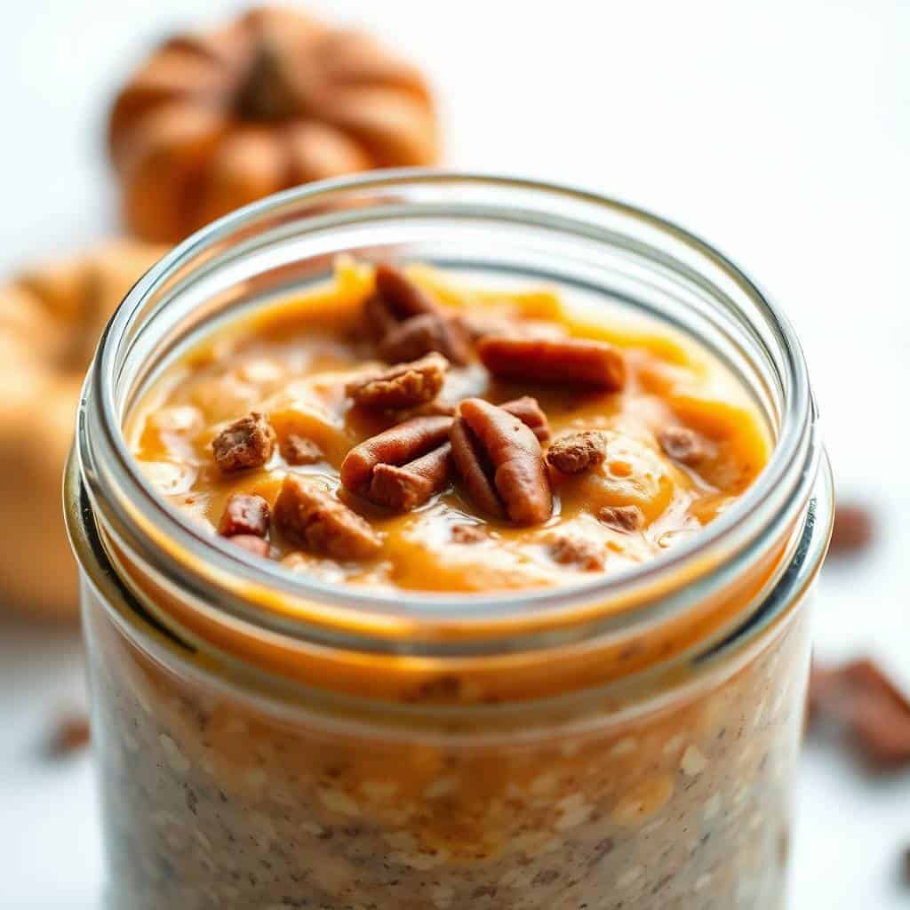 Pumpkin pie overnight oats in glass jar topped with pecans and swirl of pumpkin puree.