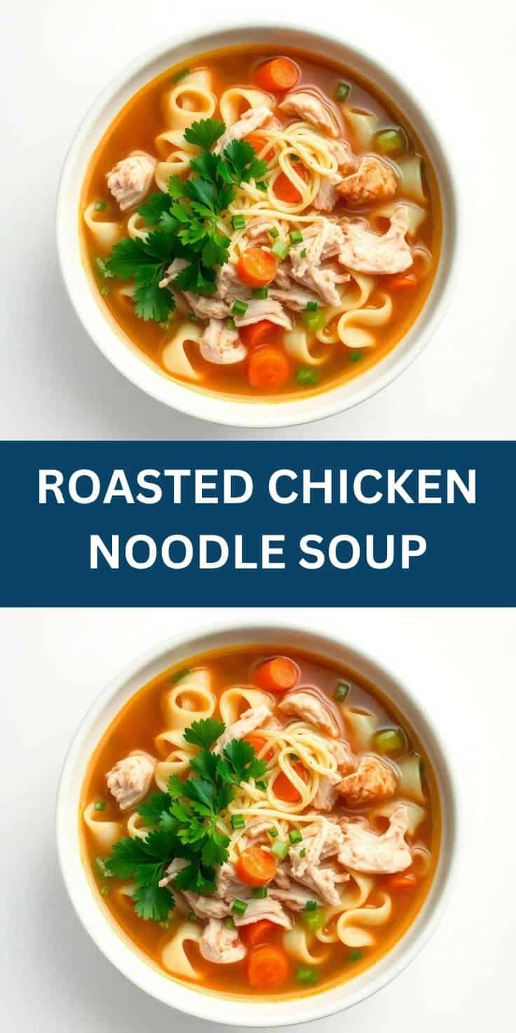 Two bowls of roasted chicken noodle soup with curly noodles, shredded chicken, vegetables, and fresh parsley garnish.