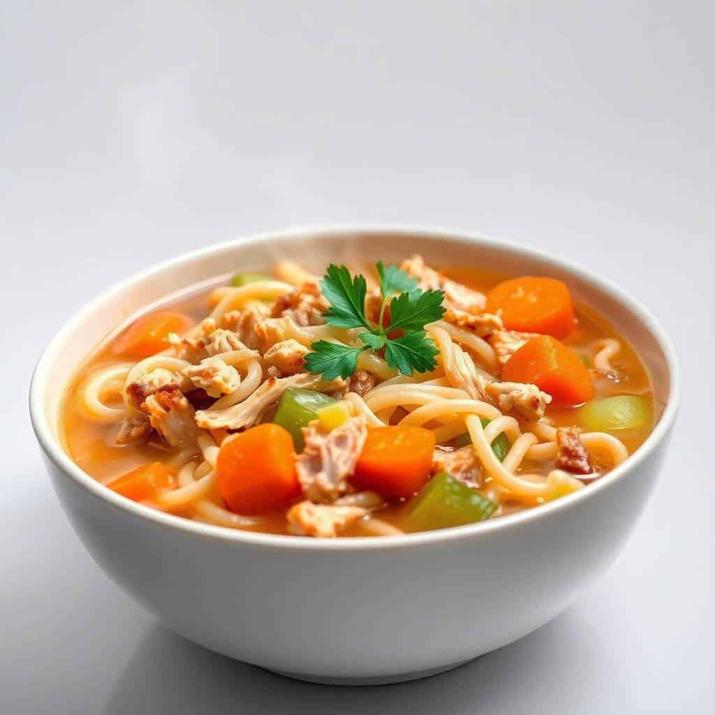 Roasted chicken noodle soup in white bowl with carrots, noodles, and fresh parsley garnish.