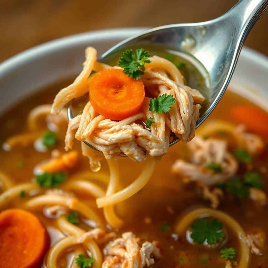 Spoon holding shredded chicken and noodles in golden broth, garnished with carrot slices and cilantro.