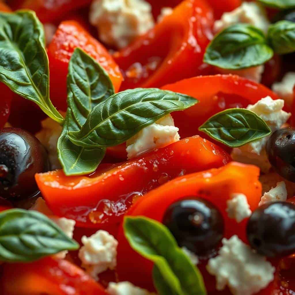Roasted red pepper salad with fresh basil, mozzarella cheese, and black olives.