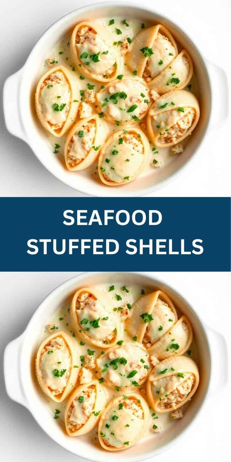 Seafood stuffed shells in white bowl, garnished with fresh parsley and melted cheese.
