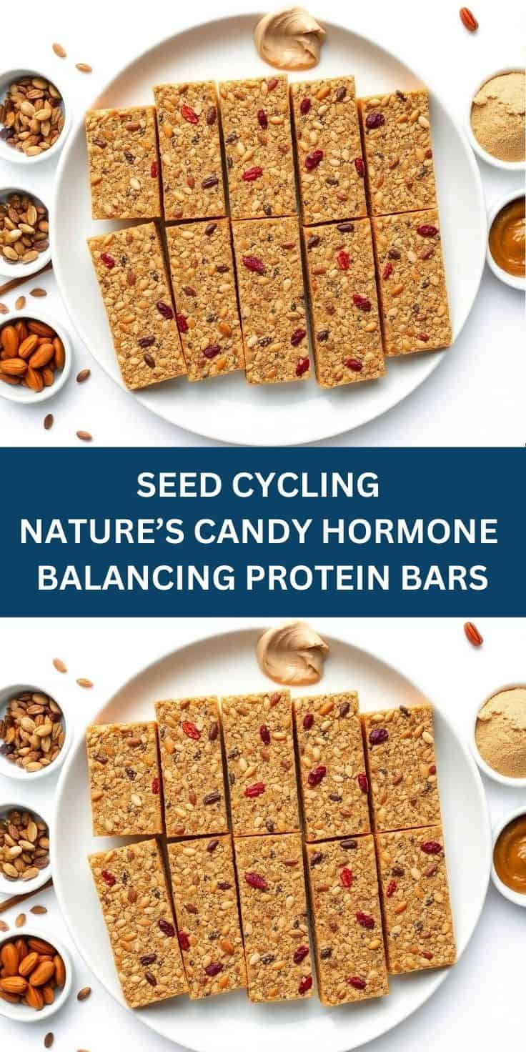 Seed cycling protein bars with cranberries and nuts arranged on white plate with ingredient bowls.